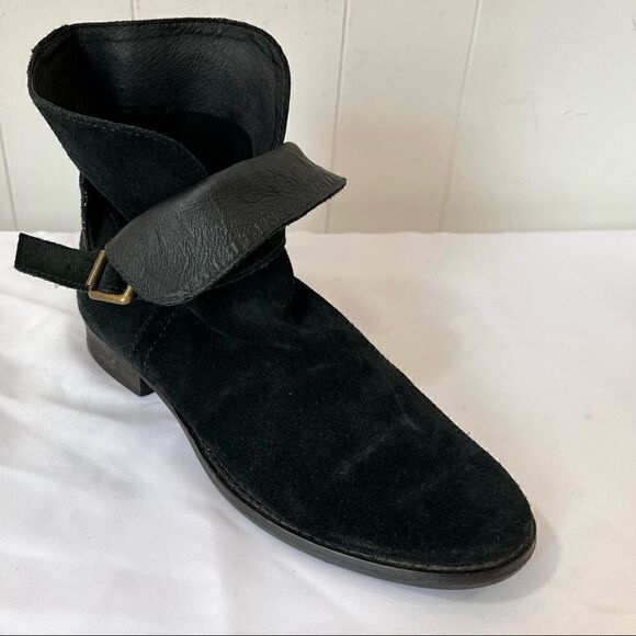Black Booties Sam Edelman Malone Distressed Suede Buckle Strap Split Shaft 7.5 8 - Picture 7 of 7